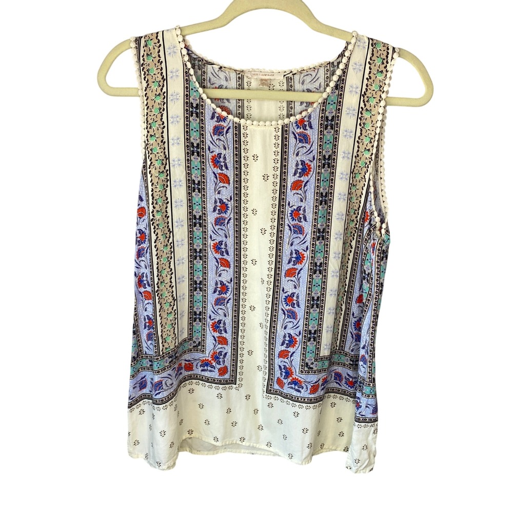 Skies Are Blue Womens Mixed Floral Boho Pom Pom Trim Sleeveless Top Blue Cream L